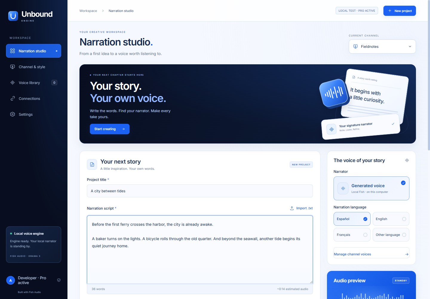 The real Unbound Engine desktop app showing an illustrative channel and a documentary narration script